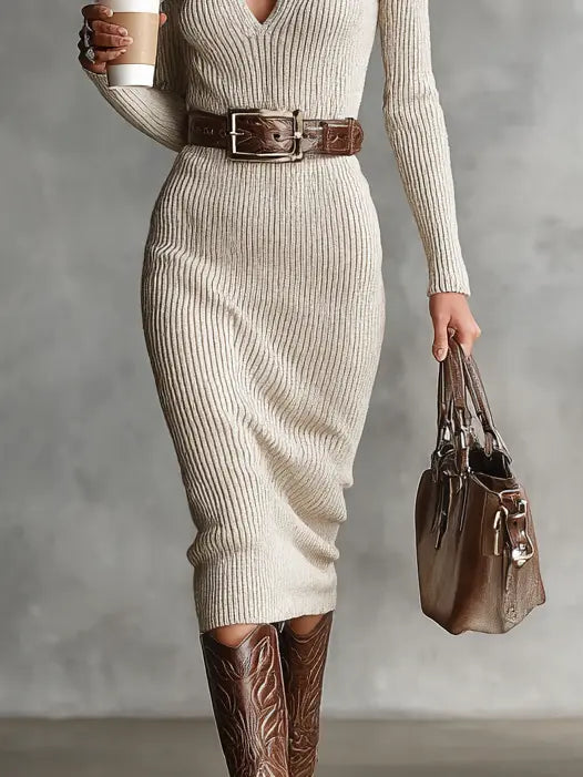 Rebecca | Vestido Midi de Cuello Alto con Escote en V y Cinturón