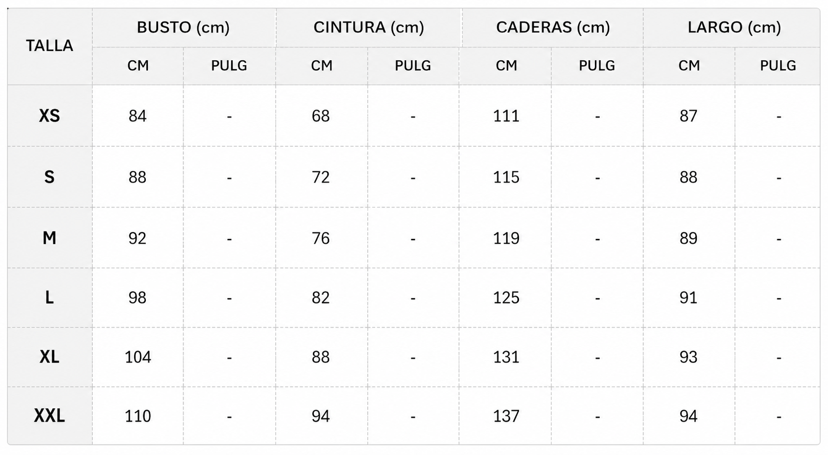 Tabla de tallas