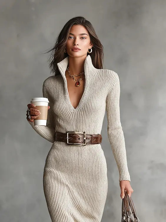 Rebecca | Vestido Midi de Cuello Alto con Escote en V y Cinturón