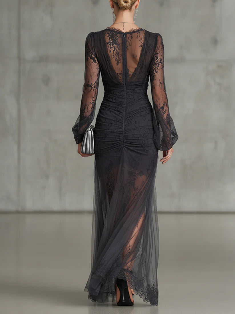 Nala | Vestido Largo Negro con Encaje con Volantes y Abertura