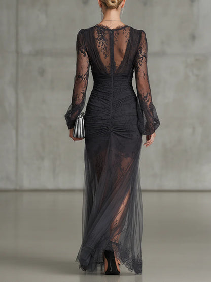 Nala | Vestido Largo Negro con Encaje con Volantes y Abertura