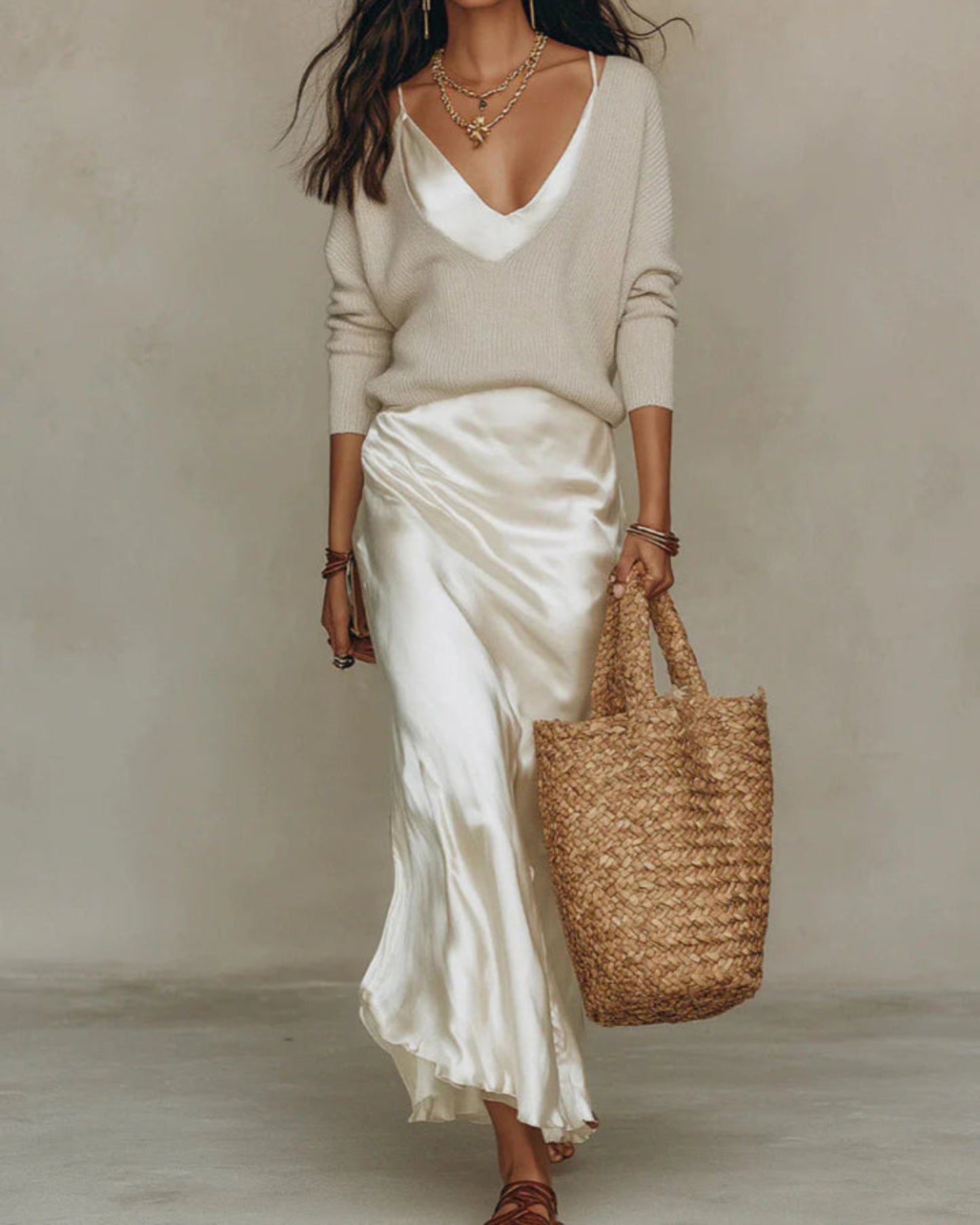 Elena | Abito midi in raso con maglia