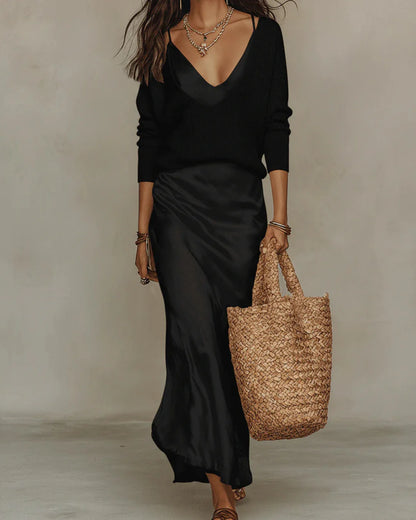 Elena | Abito midi in raso con maglia