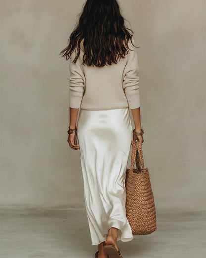Elena | Abito midi in raso con maglia