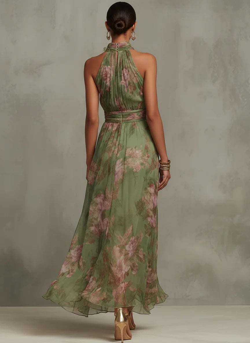 Livia | Elegante abito lungo con scollo all'americana e stampa floreale