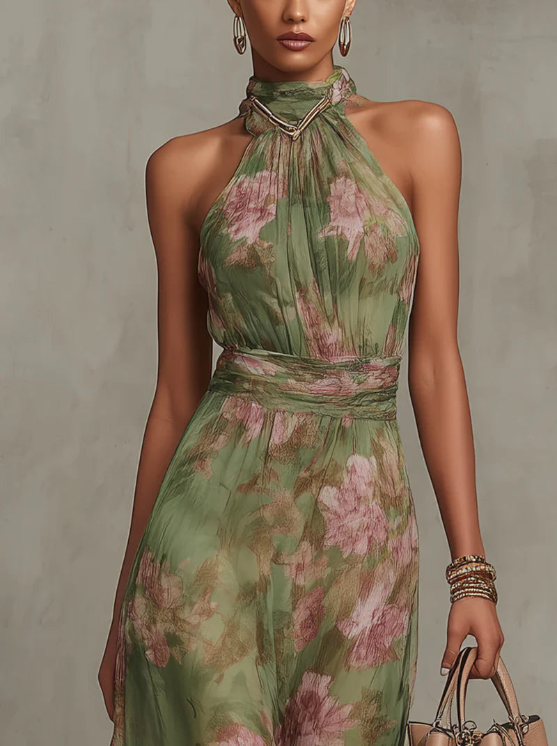 Livia | Elegante abito lungo con scollo all'americana e stampa floreale