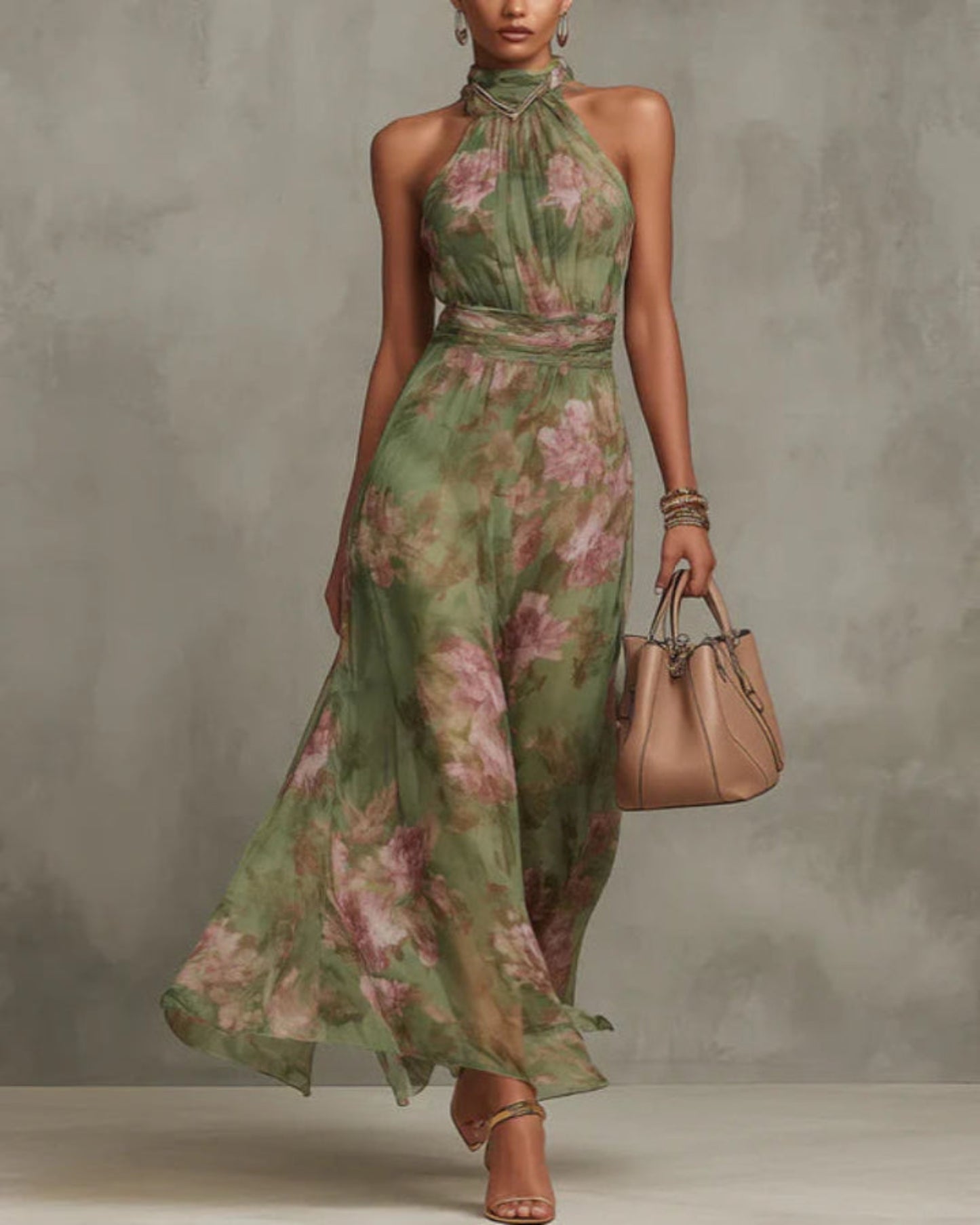 Livia | Elegante abito lungo con scollo all'americana e stampa floreale