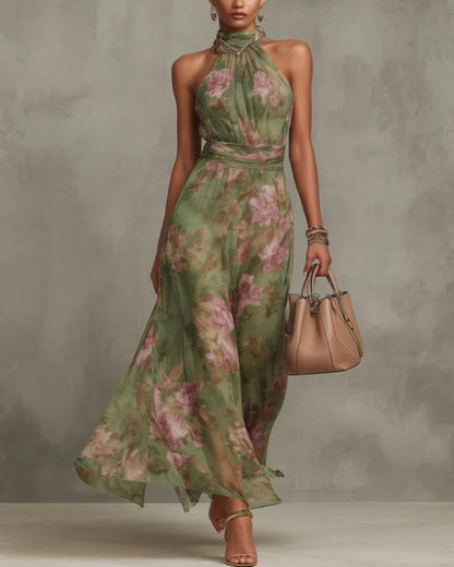 Livia | Elegante abito lungo con scollo all'americana e stampa floreale
