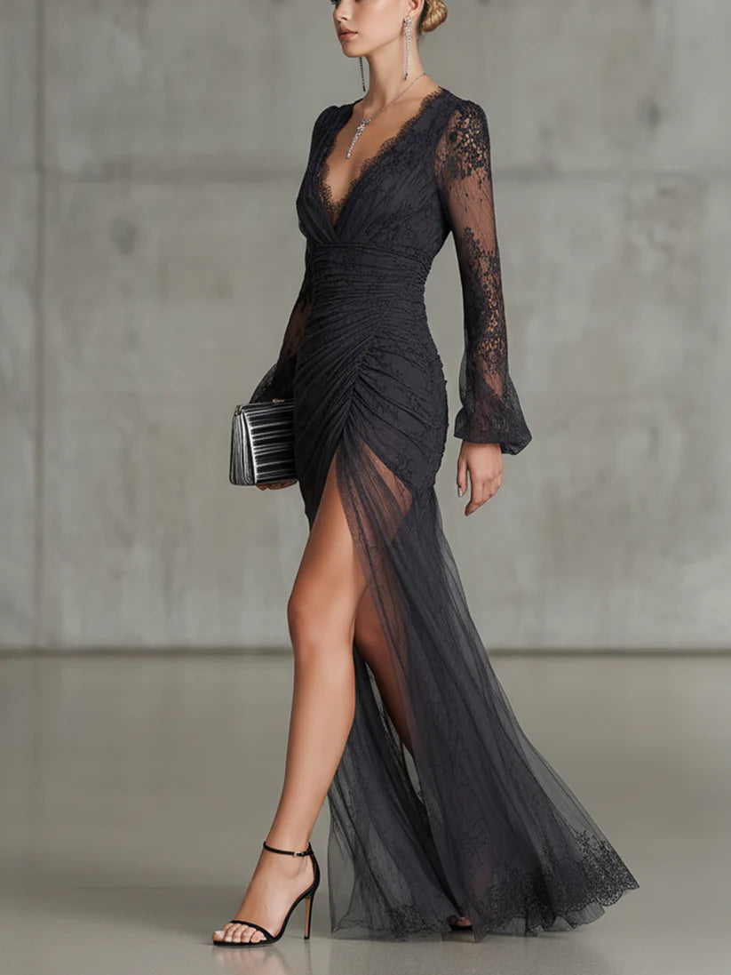 Nala | Vestido Largo Negro con Encaje con Volantes y Abertura