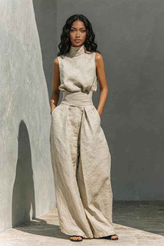 María - Conjunto de camiseta sin mangas y pantalones anchos de algodón y lino, de estilo minimalista, para mujer