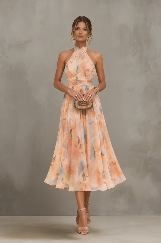 Esther | Vestido de Cuello Halter con Estampado de Acuarela